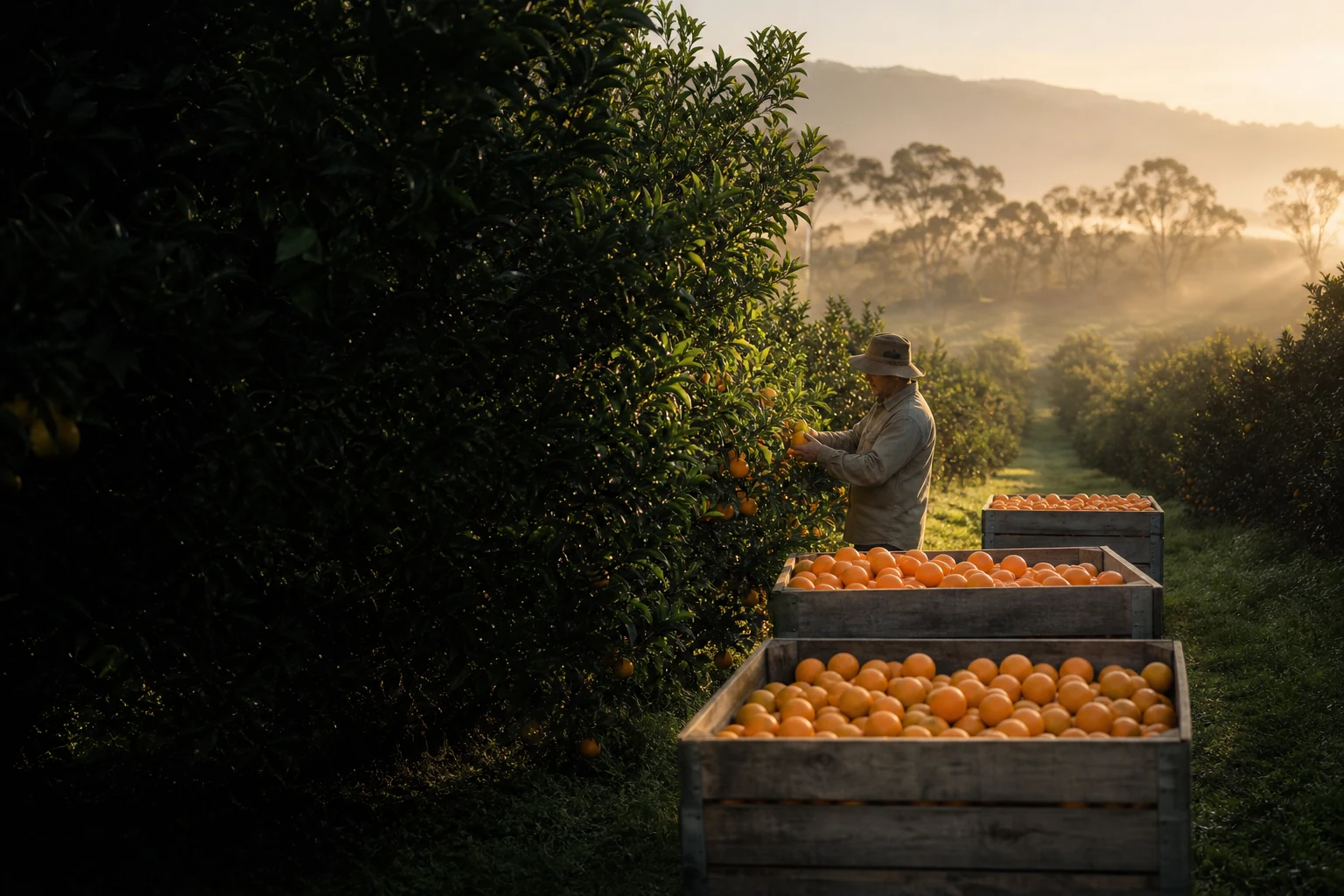 Australian citrus grower harvesting fruit at dawn