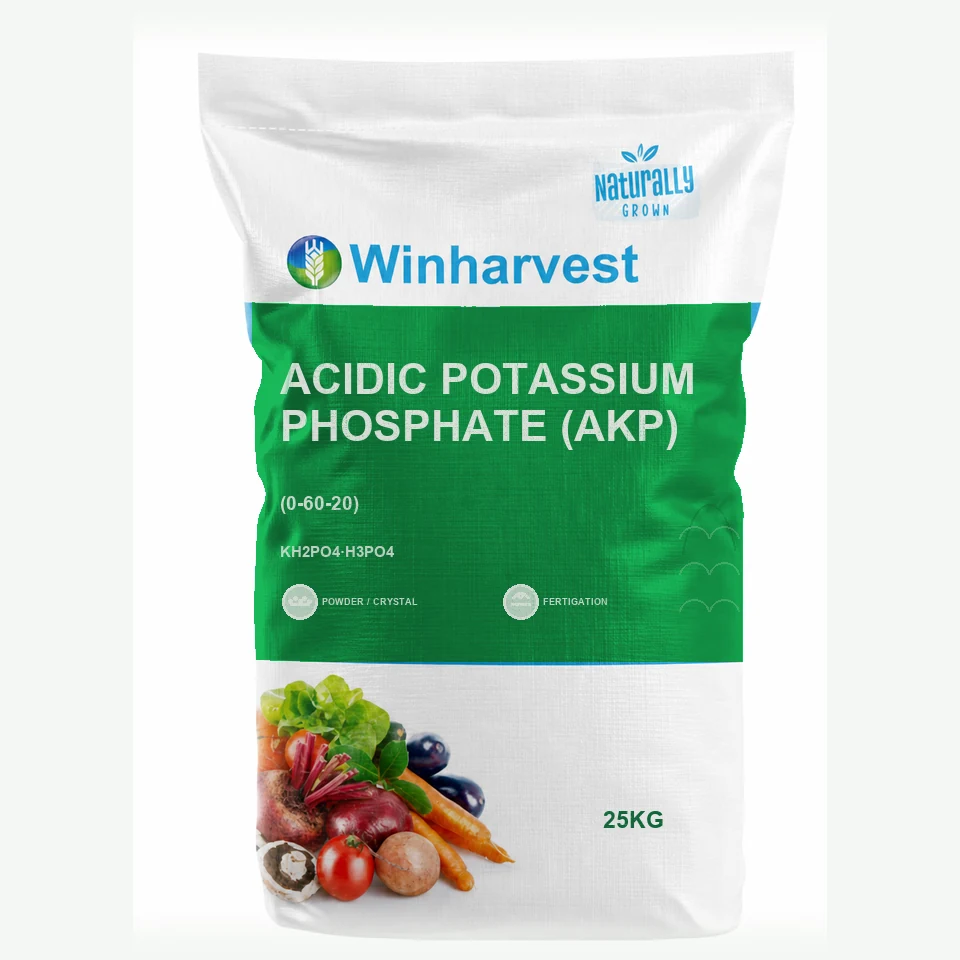 WinHarvest small-pack sack representative packaging for Acidic Potassium Phosphate (AKP), printed with its controlled category theme, dynamic product icons, analysis and formula information; not an approved product-specific packaging photograph