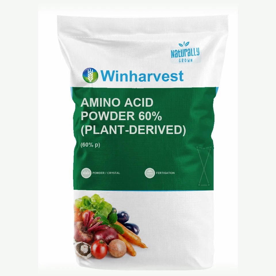 WinHarvest small-pack sack representative packaging for Amino Acid Powder 60% (Plant-Derived), printed with its controlled category theme, dynamic product icons, analysis and formula information; not an approved product-specific packaging photograph