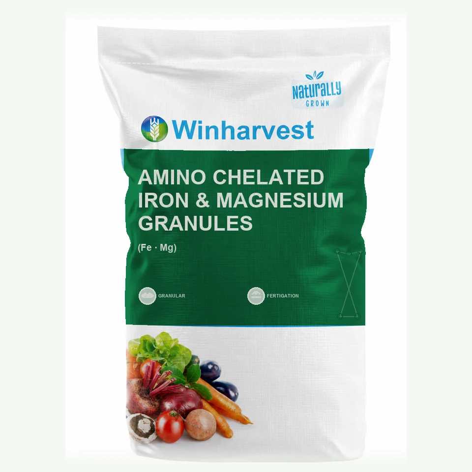 WinHarvest small-pack sack representative packaging for Amino Chelated Iron & Magnesium Granules, printed with its controlled category theme, dynamic product icons, analysis and formula information; not an approved product-specific packaging photograph