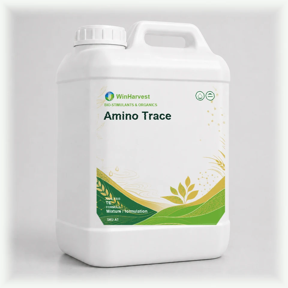 WinHarvest small liquid container representative packaging for Amino Trace, printed with its controlled category theme, dynamic product icons, analysis and formula information; not an approved product-specific packaging photograph