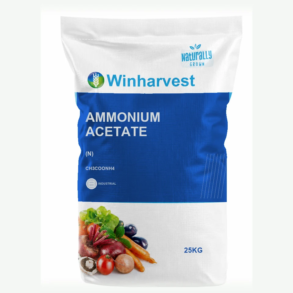 WinHarvest small-pack sack representative packaging for Ammonium Acetate, printed with its controlled category theme, dynamic product icons, analysis and formula information; not an approved product-specific packaging photograph