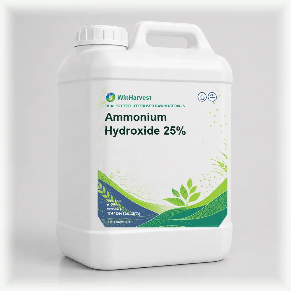 WinHarvest small liquid container representative packaging for Ammonium Hydroxide 25%, printed with its controlled category theme, dynamic product icons, analysis and formula information; not an approved product-specific packaging photograph
