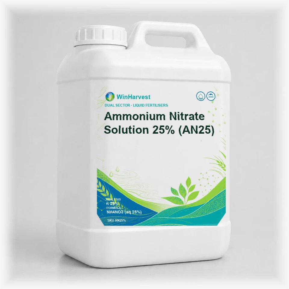 WinHarvest small liquid container representative packaging for Ammonium Nitrate Solution 25% (AN25), printed with its controlled category theme, dynamic product icons, analysis and formula information; not an approved product-specific packaging photograph
