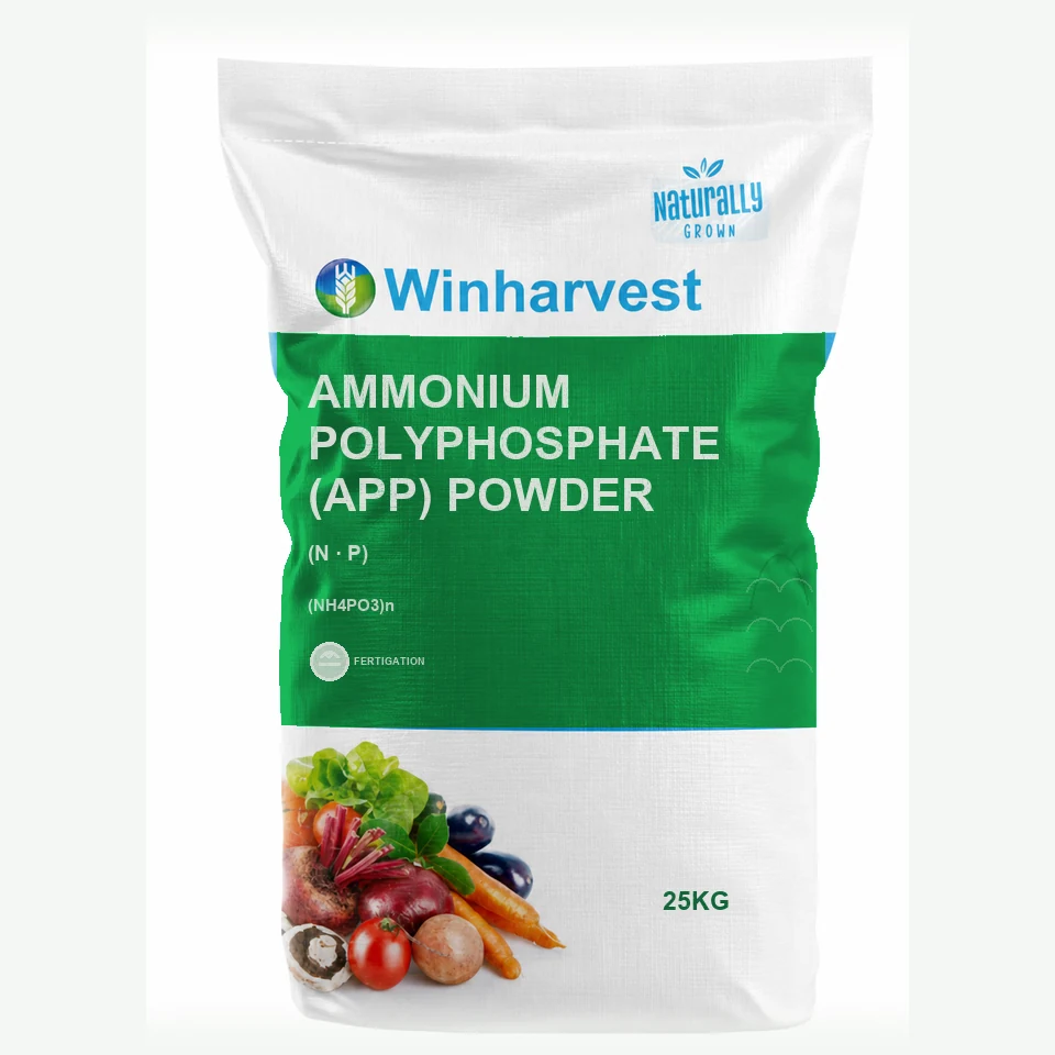 WinHarvest small-pack sack representative packaging for Ammonium Polyphosphate (APP) Powder, printed with its controlled category theme, dynamic product icons, analysis and formula information; not an approved product-specific packaging photograph