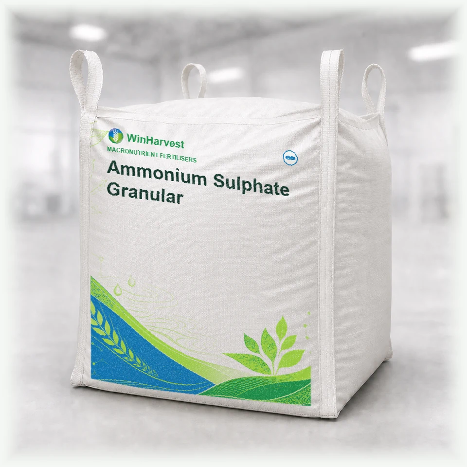 WinHarvest bulk FIBC representative packaging for Ammonium Sulphate Granular, printed with its controlled category theme, dynamic product icons, analysis and formula information; not an approved product-specific packaging photograph