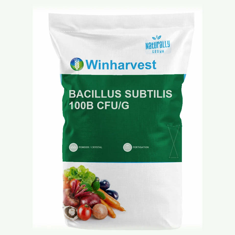 WinHarvest small-pack sack representative packaging for Bacillus subtilis 100B CFU/g, printed with its controlled category theme, dynamic product icons, analysis and formula information; not an approved product-specific packaging photograph
