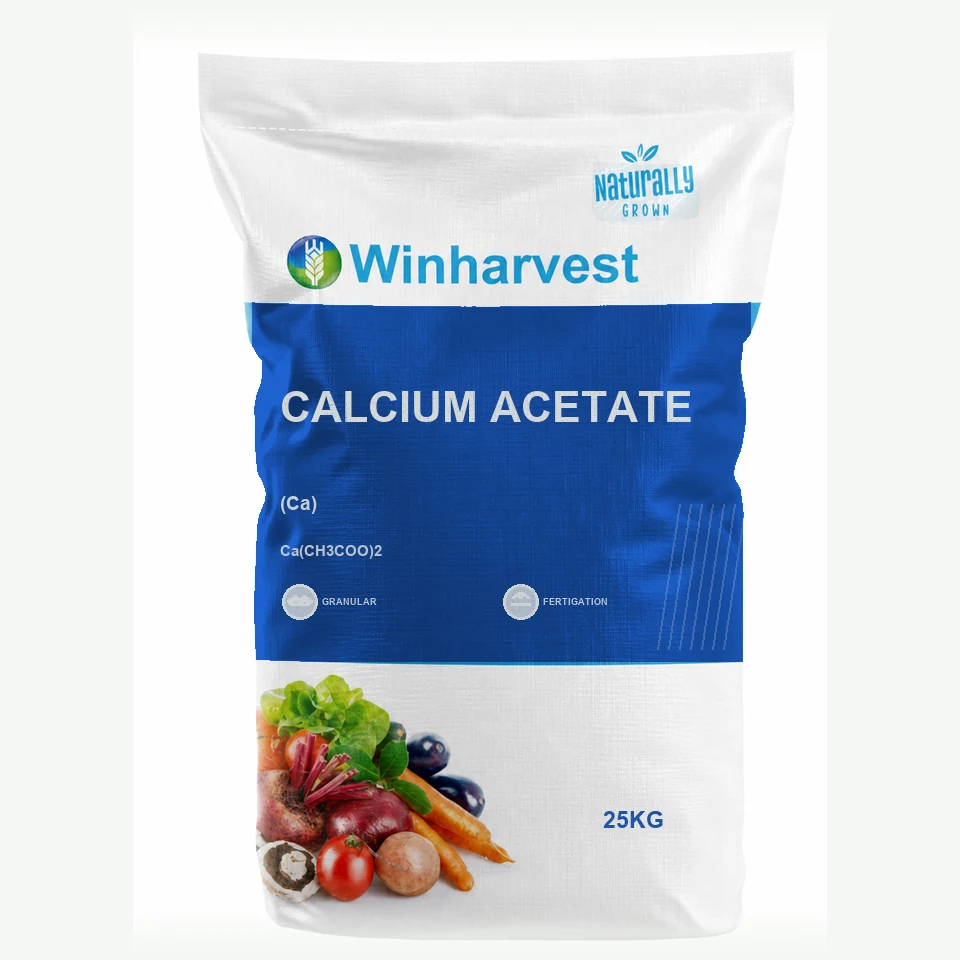 WinHarvest small-pack sack representative packaging for Calcium Acetate, printed with its controlled category theme, dynamic product icons, analysis and formula information; not an approved product-specific packaging photograph