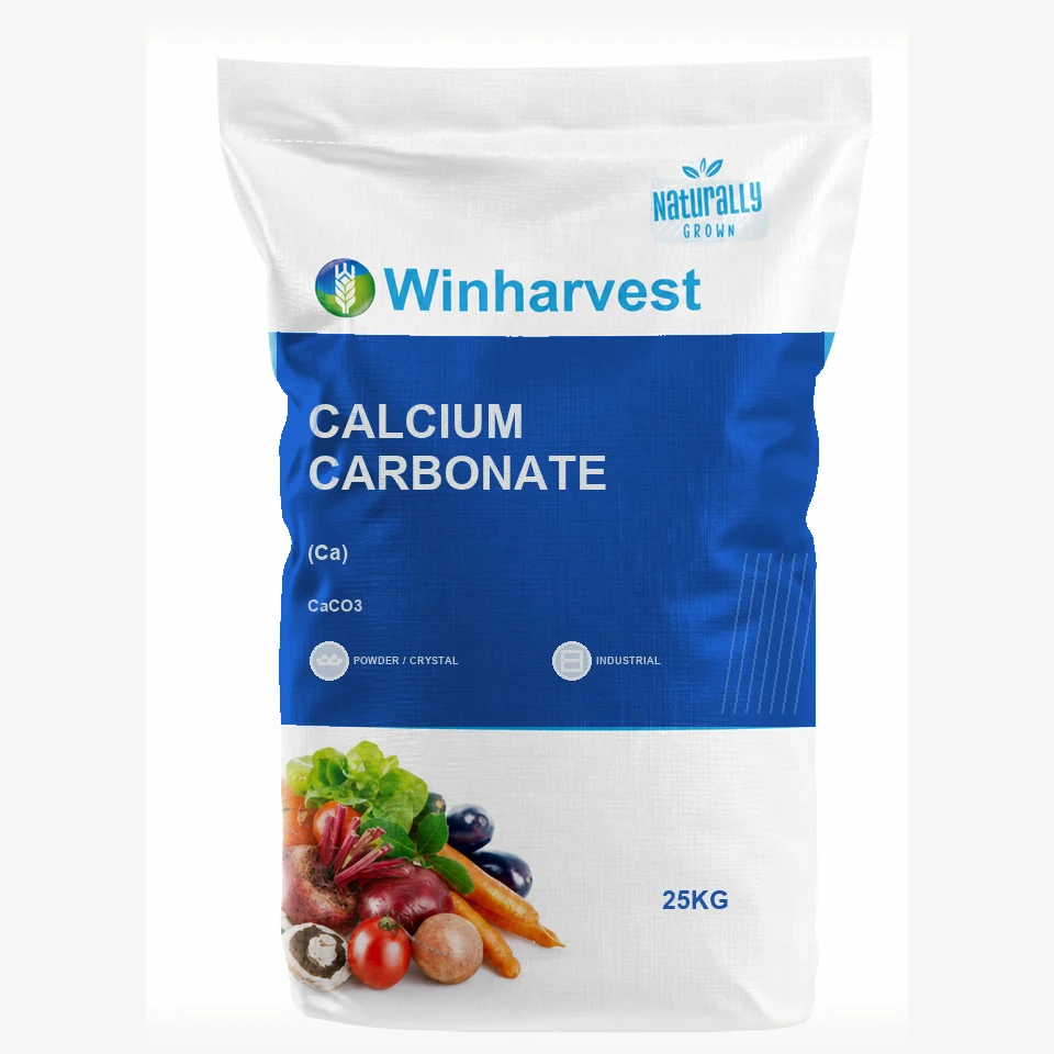 WinHarvest small-pack sack representative packaging for Calcium Carbonate, printed with its controlled category theme, dynamic product icons, analysis and formula information; not an approved product-specific packaging photograph