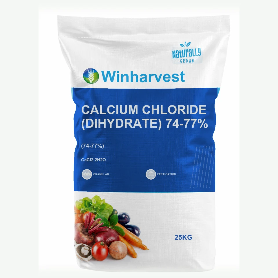 WinHarvest small-pack sack representative packaging for Calcium Chloride (Dihydrate) 74-77%, printed with its controlled category theme, dynamic product icons, analysis and formula information; not an approved product-specific packaging photograph