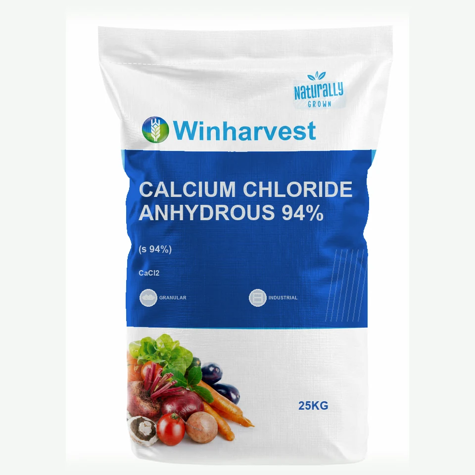 WinHarvest small-pack sack representative packaging for Calcium Chloride Anhydrous 94%, printed with its controlled category theme, dynamic product icons, analysis and formula information; not an approved product-specific packaging photograph