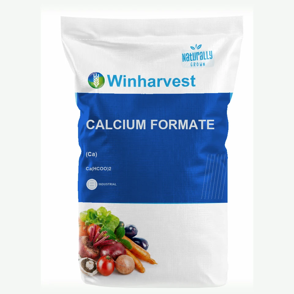 WinHarvest small-pack sack representative packaging for Calcium Formate, printed with its controlled category theme, dynamic product icons, analysis and formula information; not an approved product-specific packaging photograph