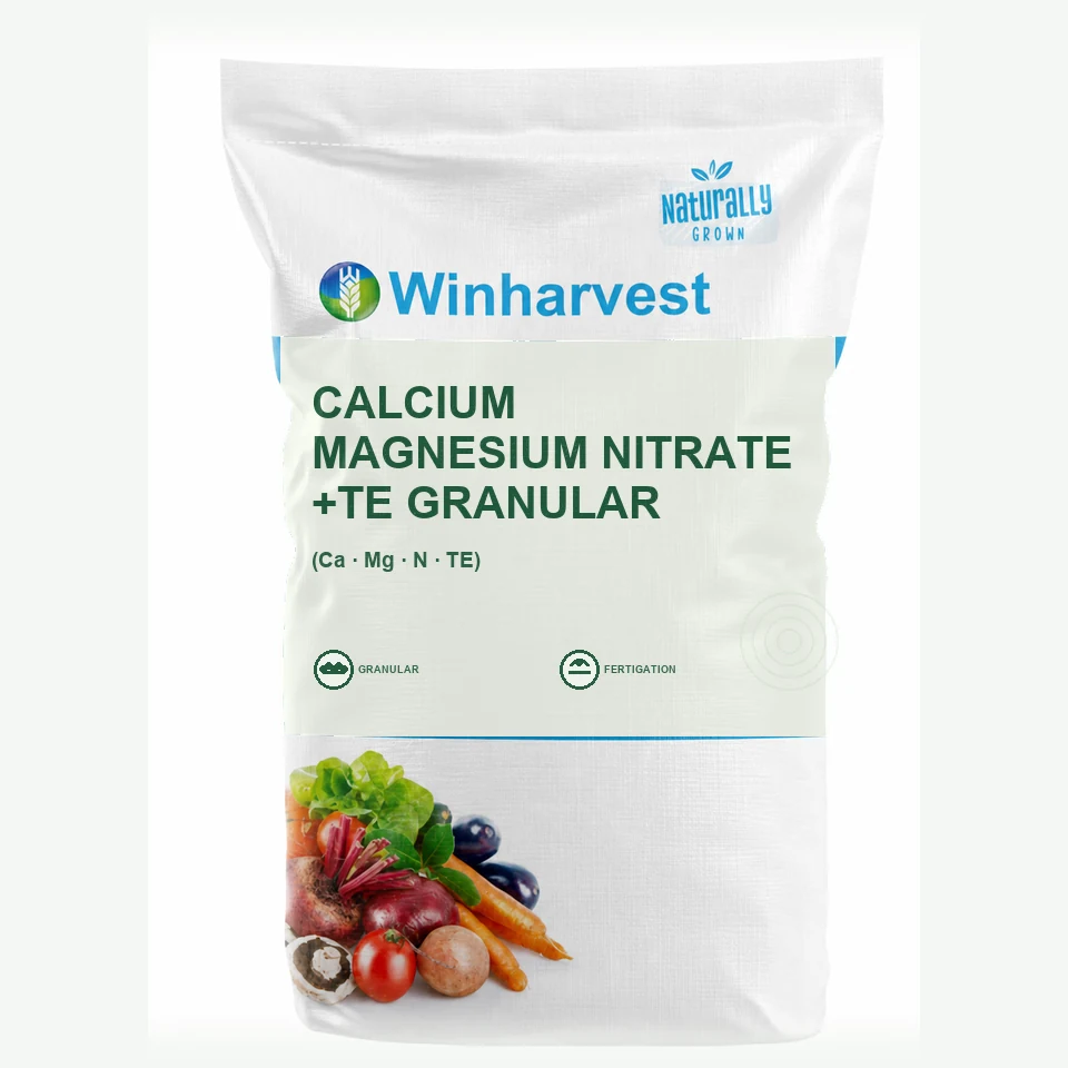 WinHarvest small-pack sack representative packaging for Calcium Magnesium Nitrate +TE Granular, printed with its controlled category theme, dynamic product icons, analysis and formula information; not an approved product-specific packaging photograph