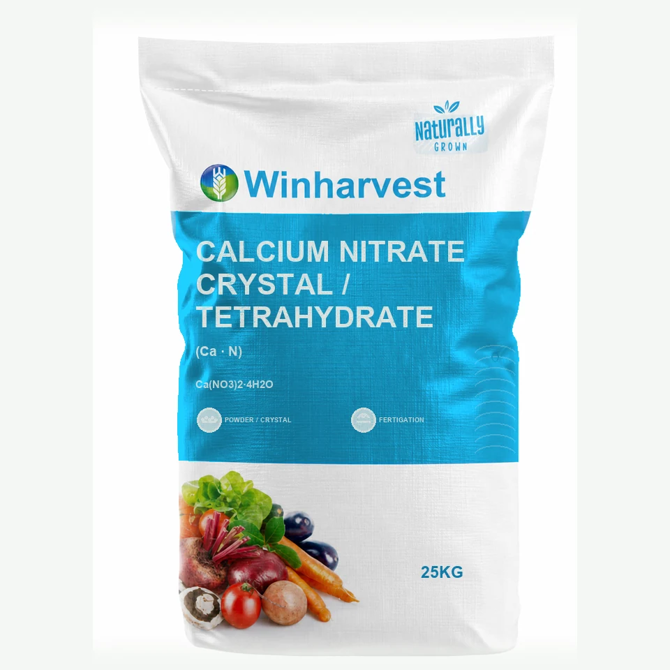 WinHarvest small-pack sack representative packaging for Calcium Nitrate Crystal / Tetrahydrate, printed with its controlled category theme, dynamic product icons, analysis and formula information; not an approved product-specific packaging photograph