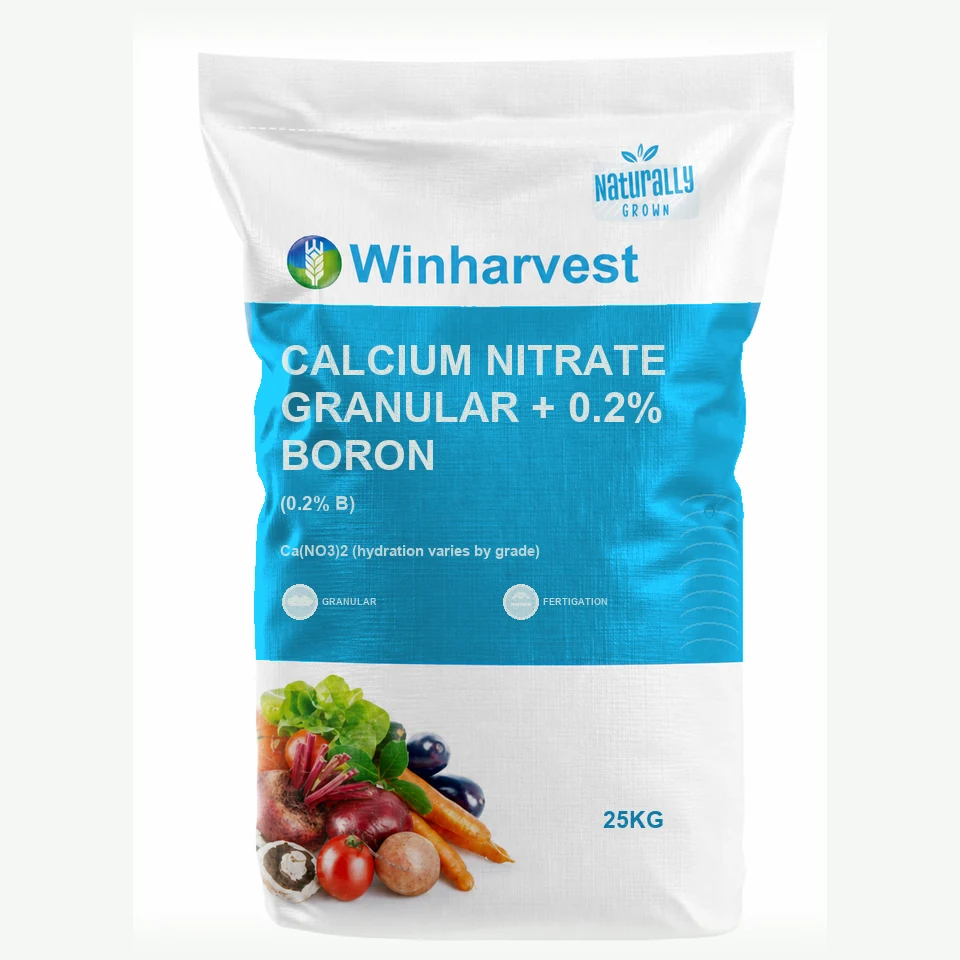 WinHarvest small-pack sack representative packaging for Calcium Nitrate Granular + 0.2% Boron, printed with its controlled category theme, dynamic product icons, analysis and formula information; not an approved product-specific packaging photograph