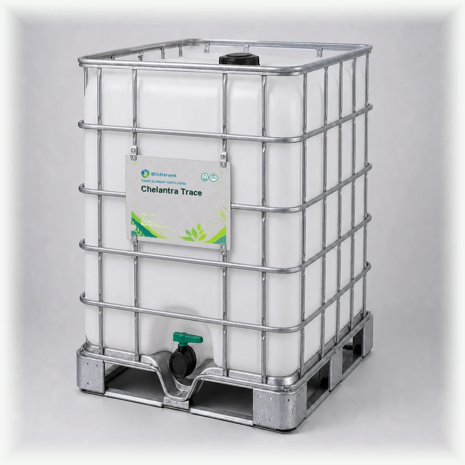 WinHarvest liquid IBC representative packaging for Chelantra Trace, printed with its controlled category theme, dynamic product icons, analysis and formula information; not an approved product-specific packaging photograph