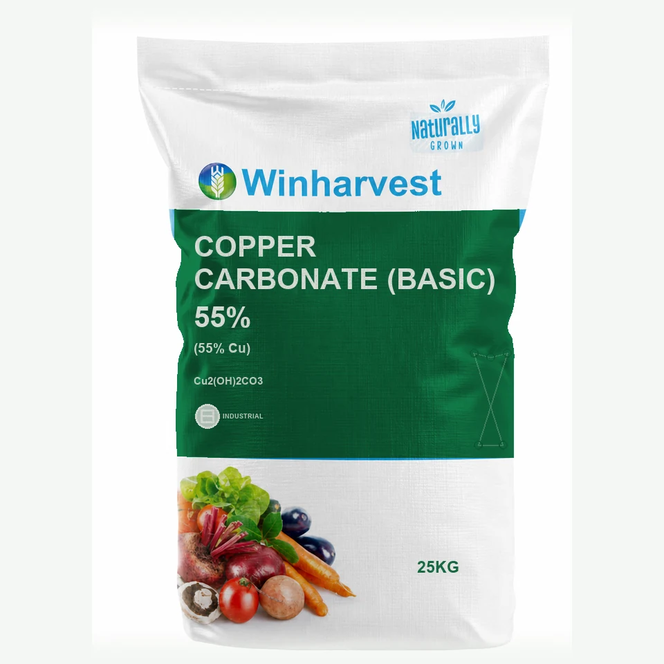 WinHarvest small-pack sack representative packaging for Copper Carbonate (Basic) 55%, printed with its controlled category theme, dynamic product icons, analysis and formula information; not an approved product-specific packaging photograph