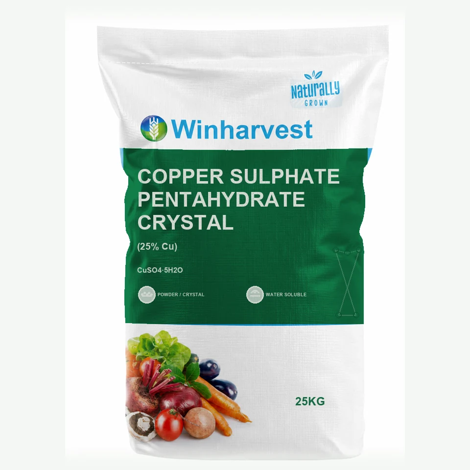 WinHarvest small-pack sack representative packaging for Copper Sulphate Pentahydrate Crystal, printed with its controlled category theme, dynamic product icons, analysis and formula information; not an approved product-specific packaging photograph