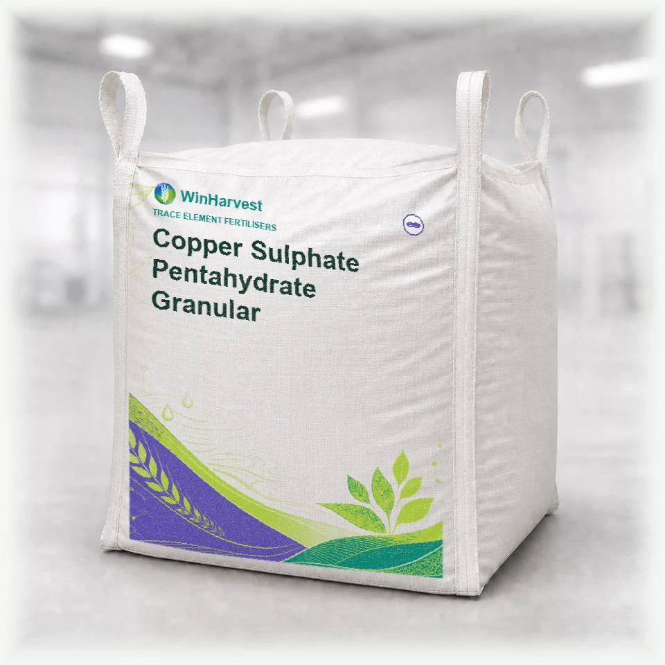 WinHarvest bulk FIBC representative packaging for Copper Sulphate Pentahydrate Granular, printed with its controlled category theme, dynamic product icons, analysis and formula information; not an approved product-specific packaging photograph