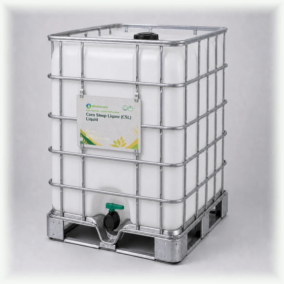 WinHarvest liquid IBC representative packaging for Corn Steep Liquor (CSL) Liquid, printed with its controlled category theme, dynamic product icons, analysis and formula information; not an approved product-specific packaging photograph