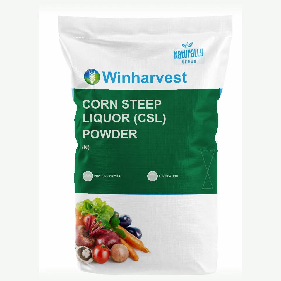 WinHarvest small-pack sack representative packaging for Corn Steep Liquor (CSL) Powder, printed with its controlled category theme, dynamic product icons, analysis and formula information; not an approved product-specific packaging photograph