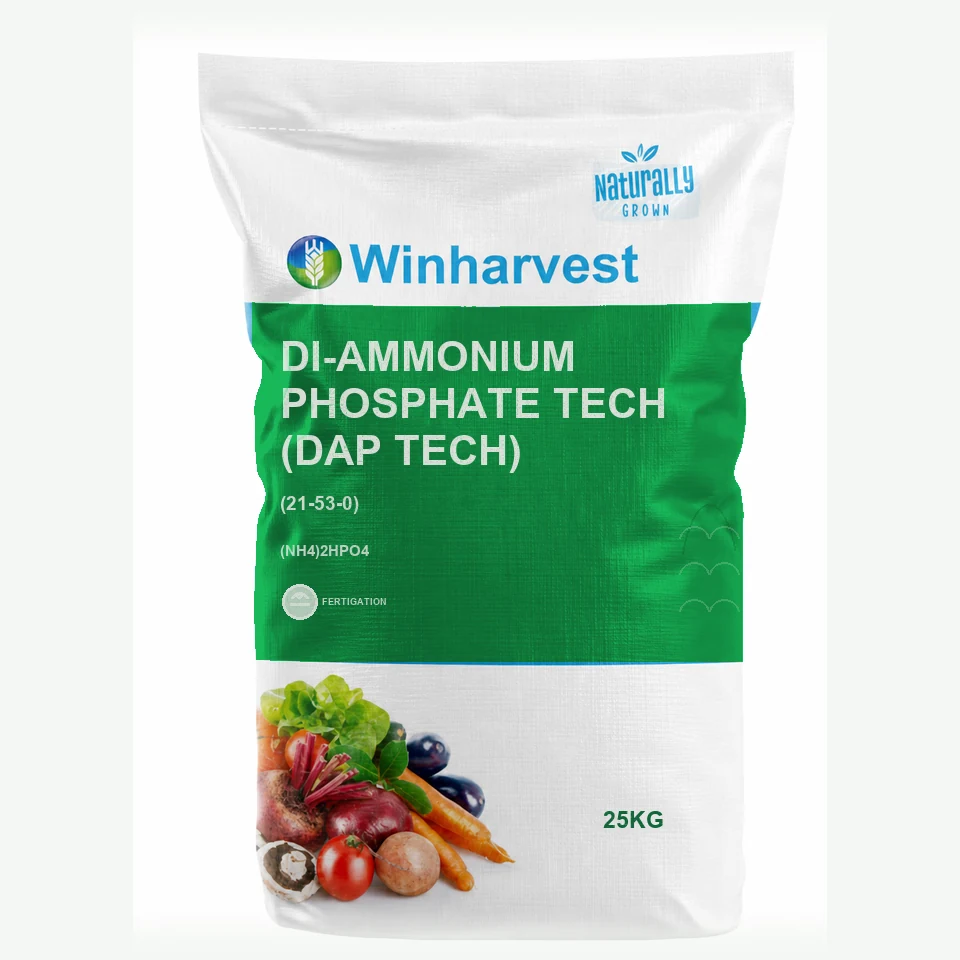 WinHarvest small-pack sack representative packaging for Di-Ammonium Phosphate Tech (DAP Tech), printed with its controlled category theme, dynamic product icons, analysis and formula information; not an approved product-specific packaging photograph