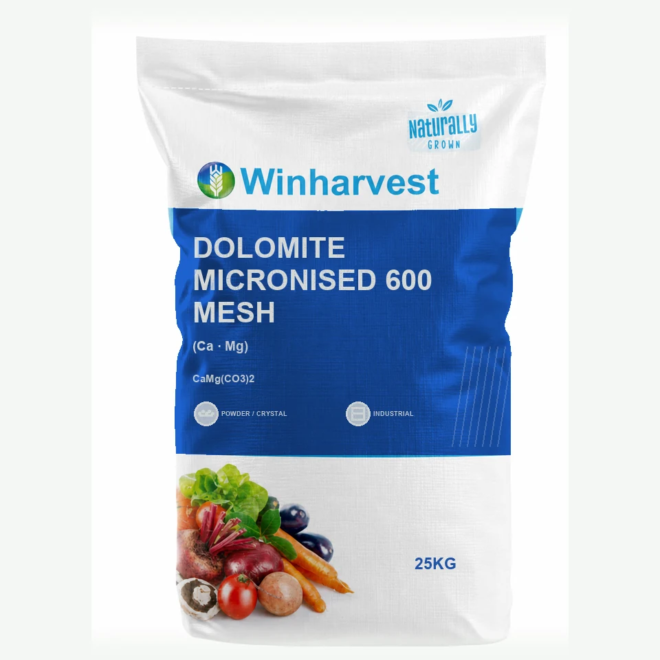 WinHarvest small-pack sack representative packaging for Dolomite Micronised 600 mesh, printed with its controlled category theme, dynamic product icons, analysis and formula information; not an approved product-specific packaging photograph