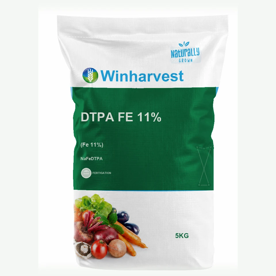 WinHarvest small-pack sack representative packaging for DTPA Fe 11%, printed with its controlled category theme, dynamic product icons, analysis and formula information; not an approved product-specific packaging photograph