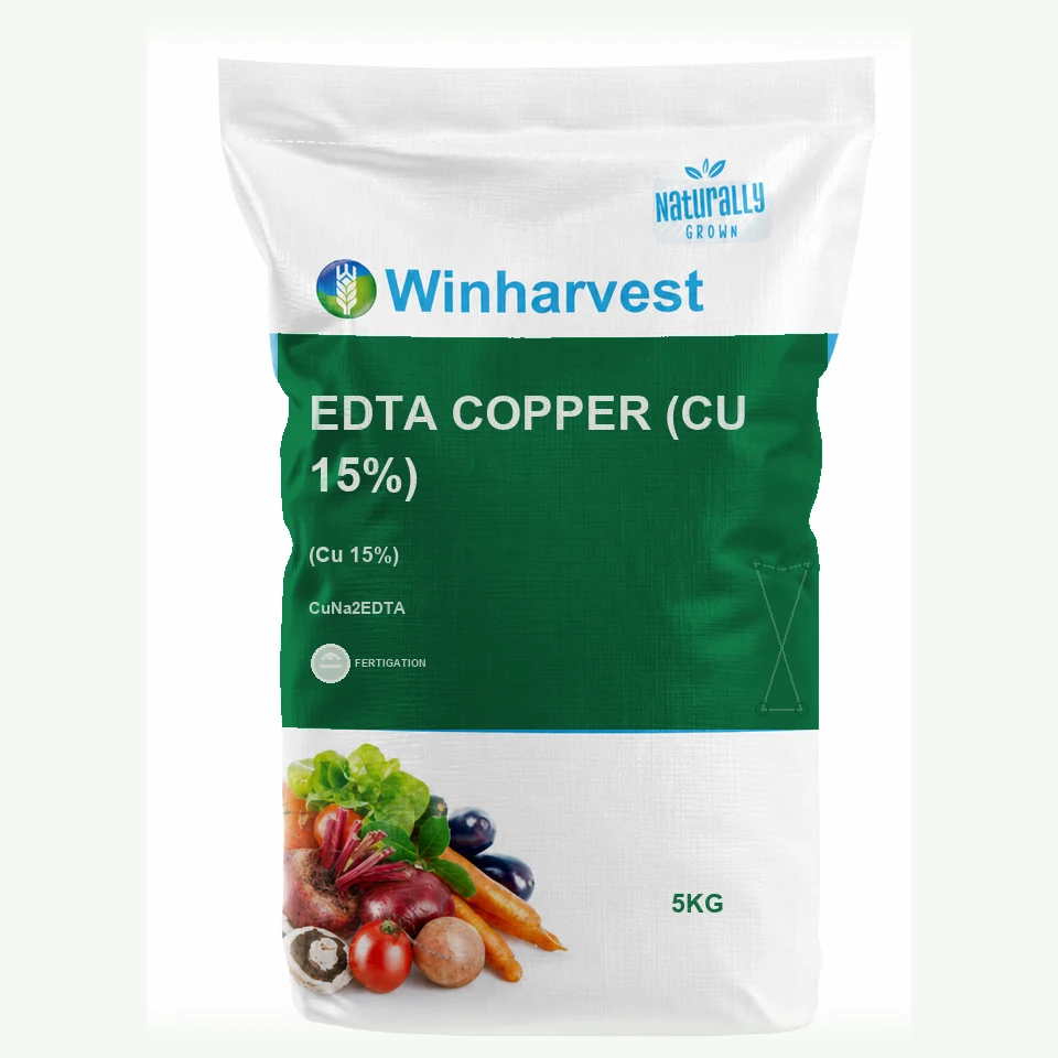 WinHarvest small-pack sack representative packaging for EDTA Copper (Cu 15%), printed with its controlled category theme, dynamic product icons, analysis and formula information; not an approved product-specific packaging photograph