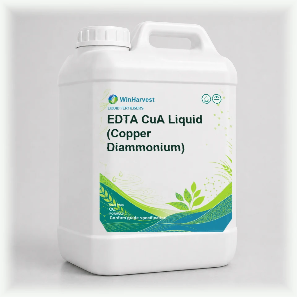WinHarvest small liquid container representative packaging for EDTA CuA Liquid (Copper Diammonium), printed with its controlled category theme, dynamic product icons, analysis and formula information; not an approved product-specific packaging photograph