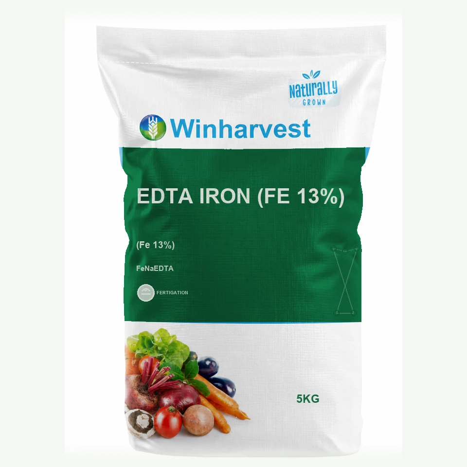 WinHarvest small-pack sack representative packaging for EDTA Iron (Fe 13%), printed with its controlled category theme, dynamic product icons, analysis and formula information; not an approved product-specific packaging photograph