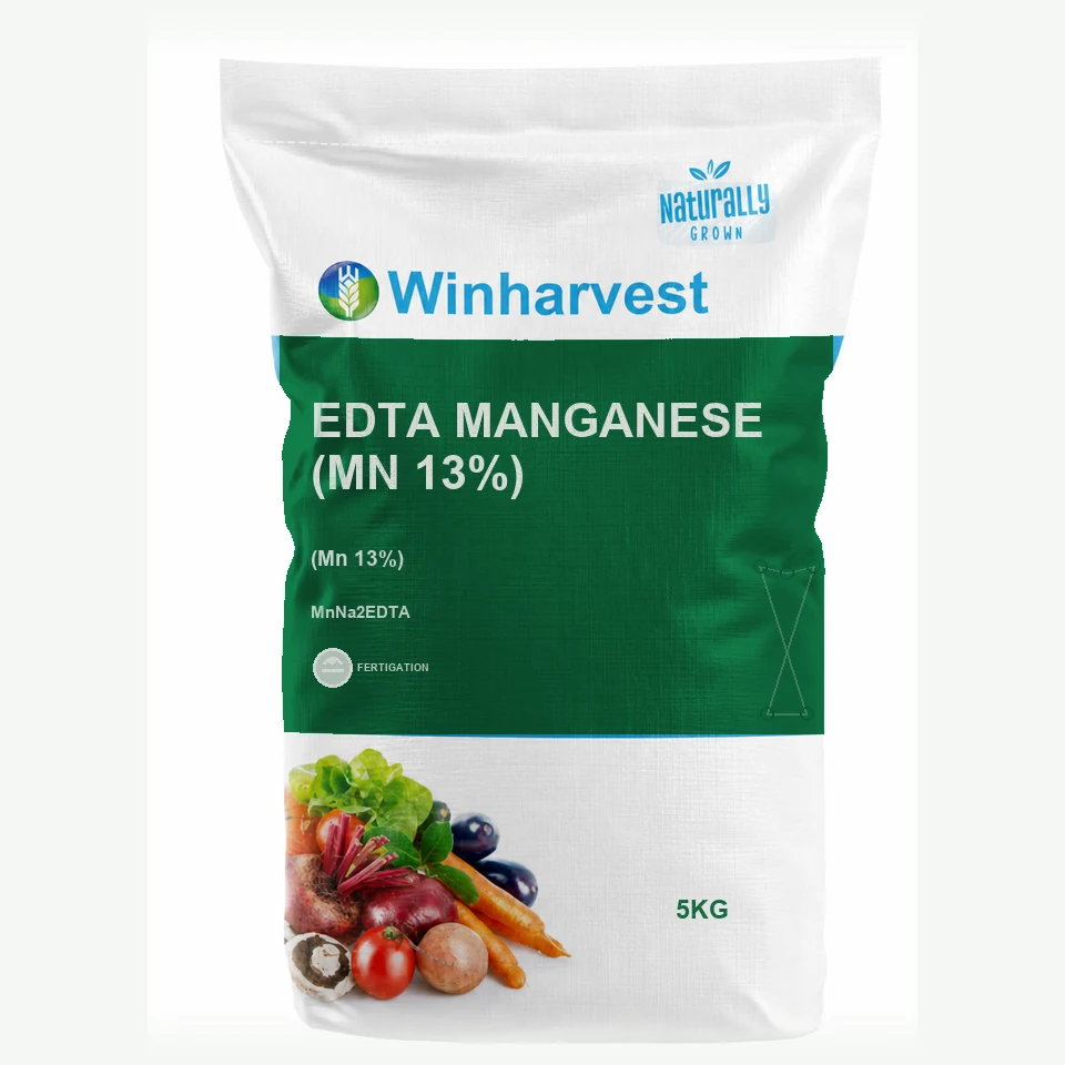 WinHarvest small-pack sack representative packaging for EDTA Manganese (Mn 13%), printed with its controlled category theme, dynamic product icons, analysis and formula information; not an approved product-specific packaging photograph
