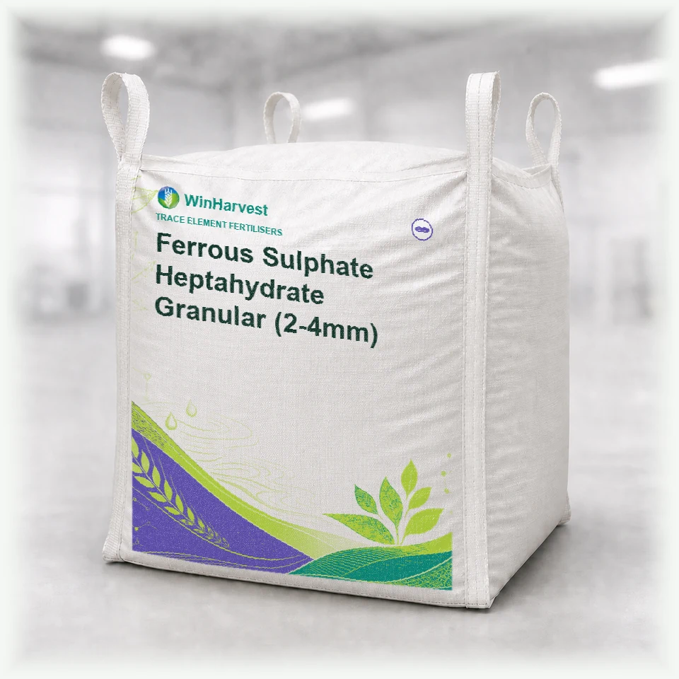WinHarvest bulk FIBC representative packaging for Ferrous Sulphate Heptahydrate Granular (2-4mm), printed with its controlled category theme, dynamic product icons, analysis and formula information; not an approved product-specific packaging photograph