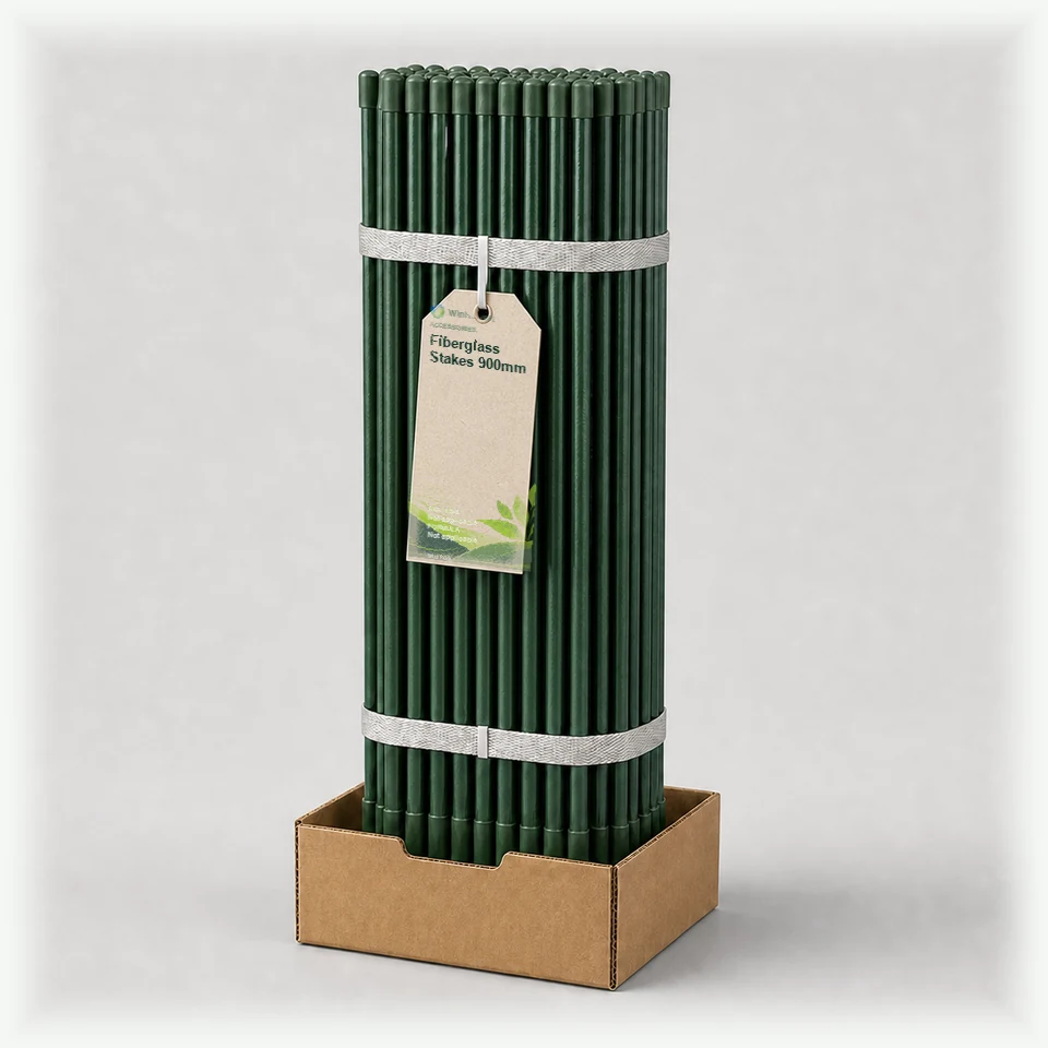 WinHarvest product tag representative packaging for Fiberglass Stakes 900mm, printed with its controlled category theme, dynamic product icons, analysis and formula information; not an approved product-specific packaging photograph