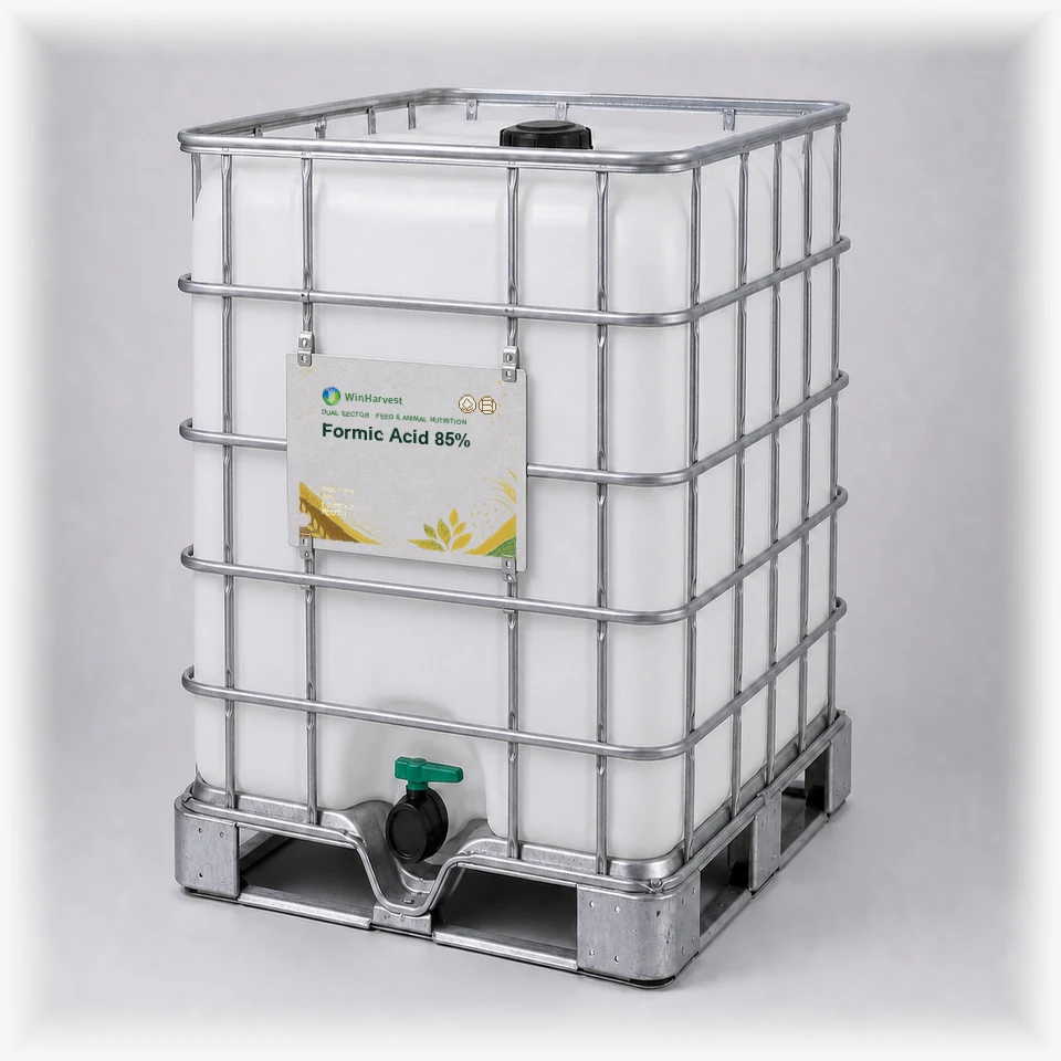 WinHarvest liquid IBC representative packaging for Formic Acid 85%, printed with its controlled category theme, dynamic product icons, analysis and formula information; not an approved product-specific packaging photograph