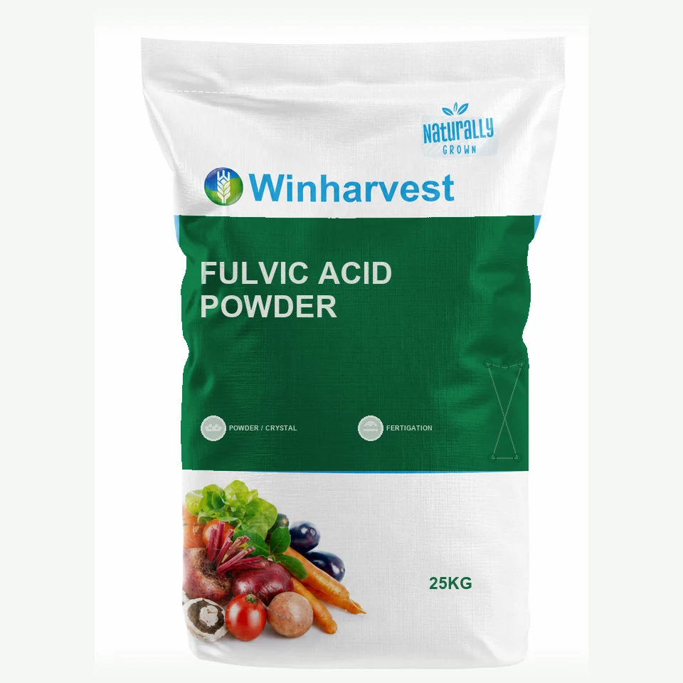 WinHarvest small-pack sack representative packaging for Fulvic Acid Powder, printed with its controlled category theme, dynamic product icons, analysis and formula information; not an approved product-specific packaging photograph