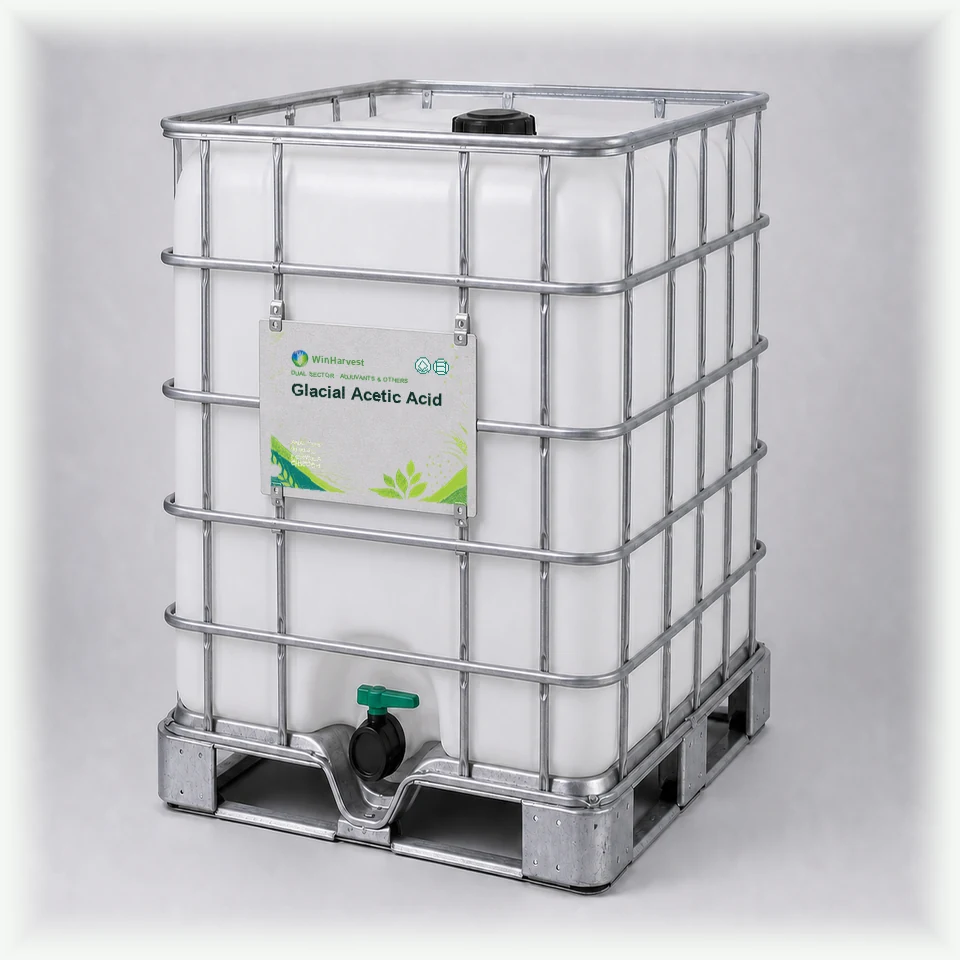 WinHarvest liquid IBC representative packaging for Glacial Acetic Acid, printed with its controlled category theme, dynamic product icons, analysis and formula information; not an approved product-specific packaging photograph