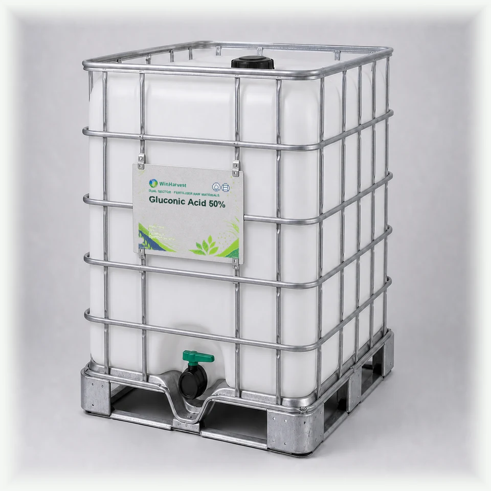 WinHarvest liquid IBC representative packaging for Gluconic Acid 50%, printed with its controlled category theme, dynamic product icons, analysis and formula information; not an approved product-specific packaging photograph