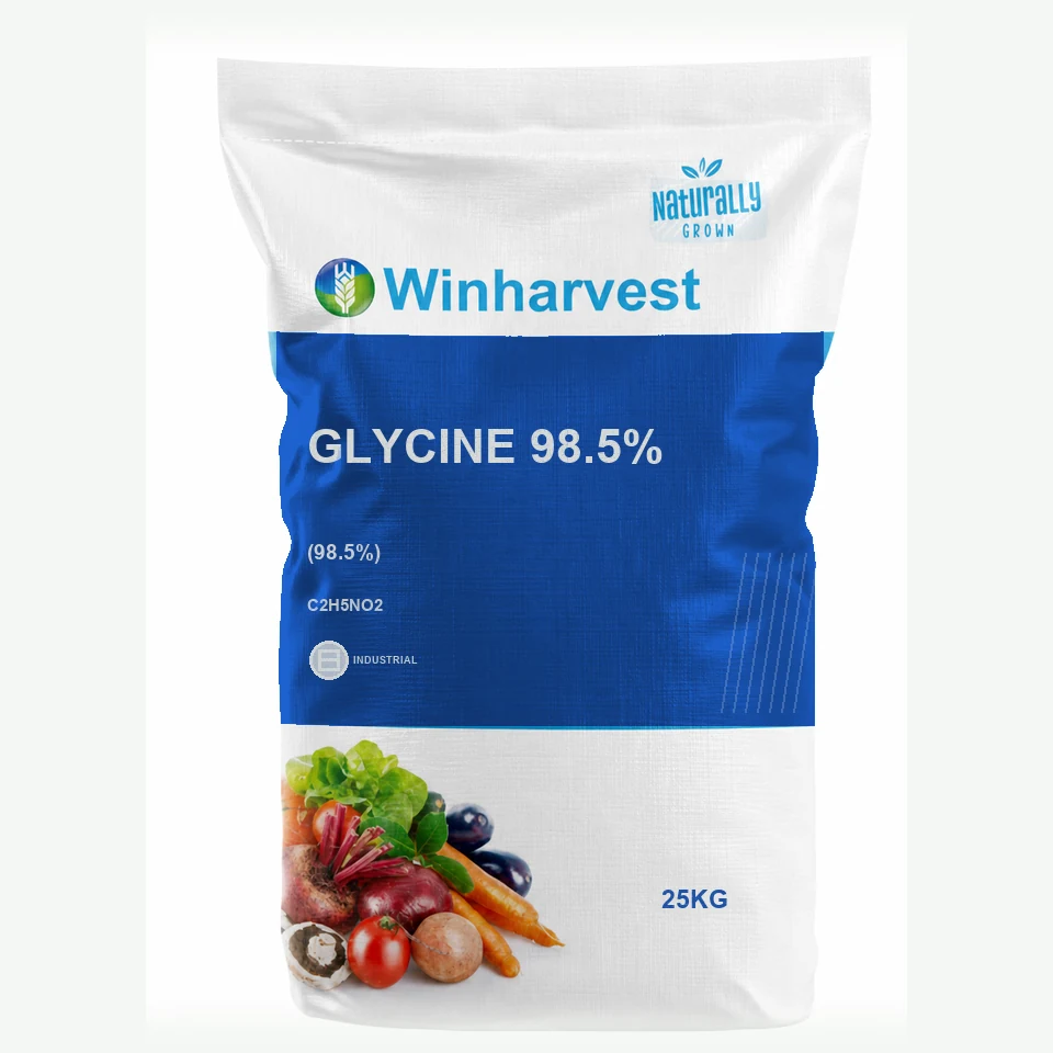 WinHarvest small-pack sack representative packaging for Glycine 98.5%, printed with its controlled category theme, dynamic product icons, analysis and formula information; not an approved product-specific packaging photograph