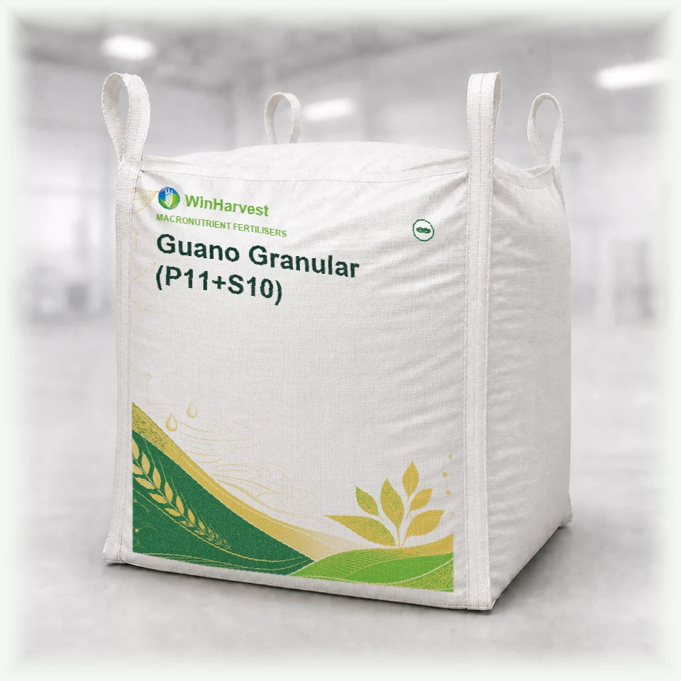 WinHarvest bulk FIBC representative packaging for Guano Granular (P11+S10), printed with its controlled category theme, dynamic product icons, analysis and formula information; not an approved product-specific packaging photograph