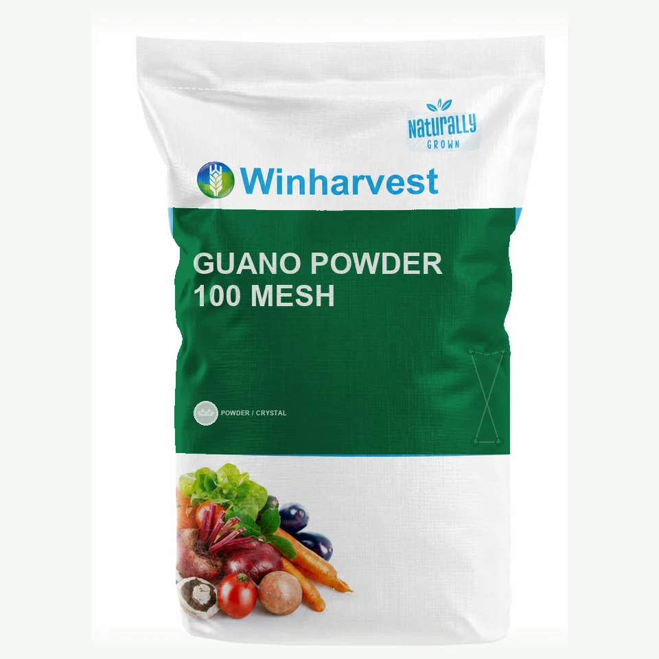 WinHarvest small-pack sack representative packaging for Guano Powder 100 mesh, printed with its controlled category theme, dynamic product icons, analysis and formula information; not an approved product-specific packaging photograph