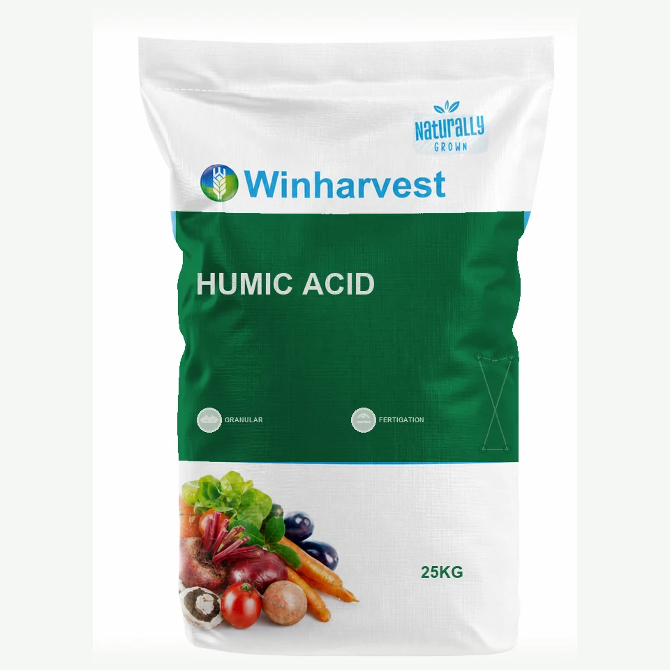 WinHarvest small-pack sack representative packaging for Humic Acid, printed with its controlled category theme, dynamic product icons, analysis and formula information; not an approved product-specific packaging photograph