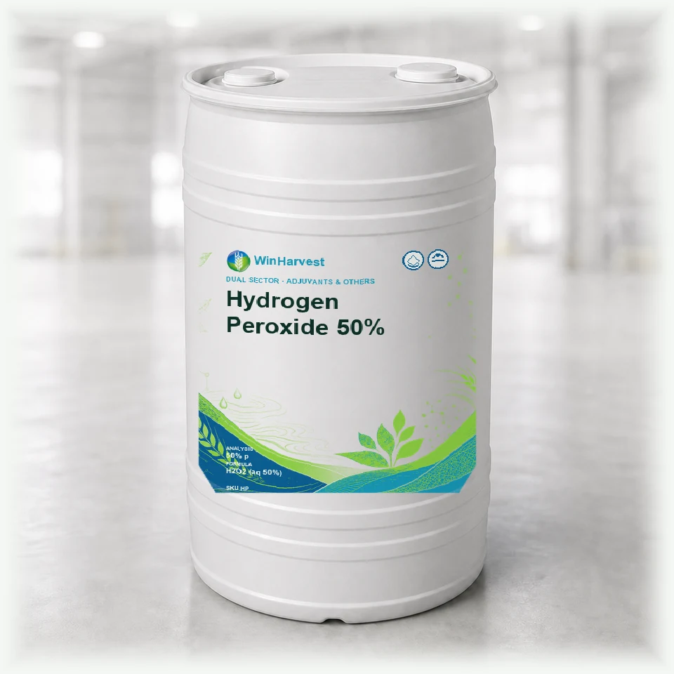 WinHarvest liquid drum representative packaging for Hydrogen Peroxide 50%, printed with its controlled category theme, dynamic product icons, analysis and formula information; not an approved product-specific packaging photograph