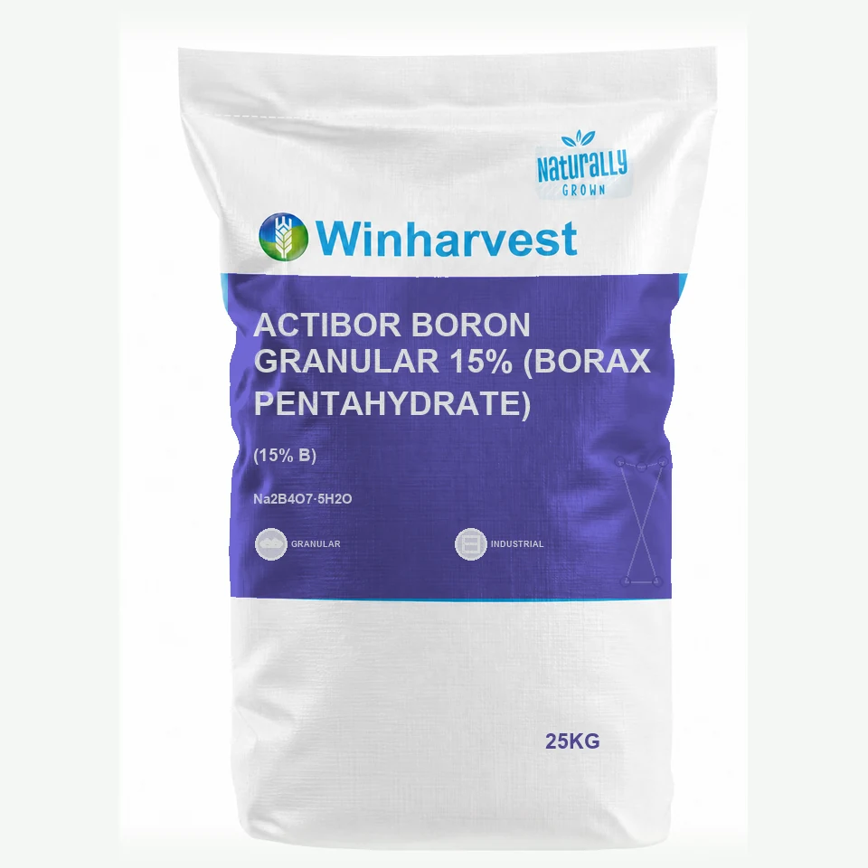 WinHarvest small-pack sack representative packaging for Actibor Boron Granular 15% (Borax Pentahydrate), printed with its controlled category theme, dynamic product icons, analysis and formula information; not an approved product-specific packaging photograph
