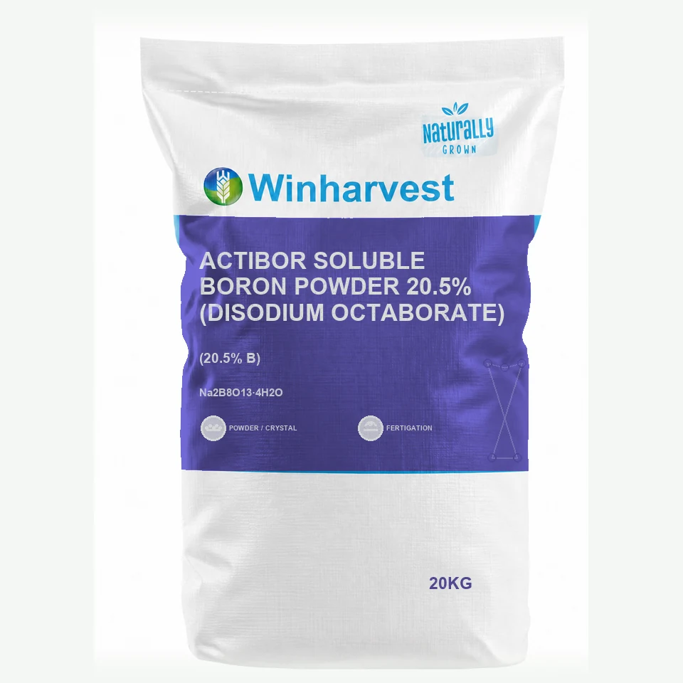 WinHarvest small-pack sack representative packaging for Actibor Soluble Boron Powder 20.5% (Disodium Octaborate), printed with its controlled category theme, dynamic product icons, analysis and formula information; not an approved product-specific packaging photograph