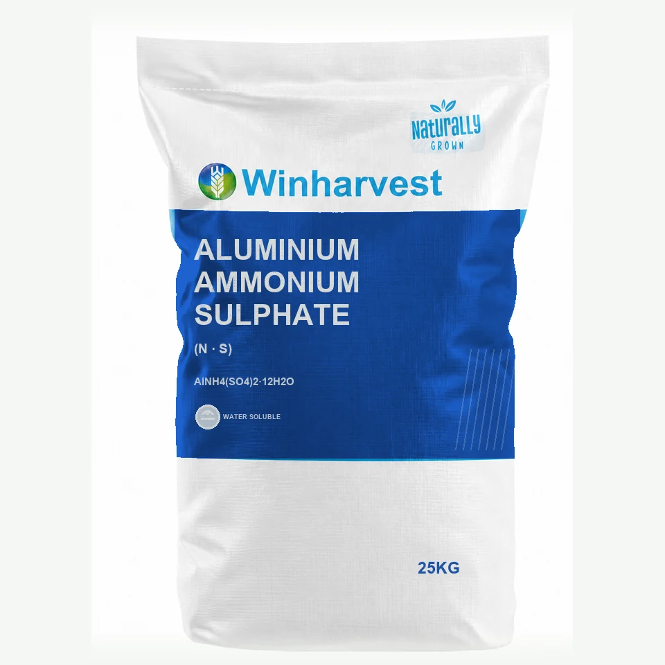 WinHarvest small-pack sack representative packaging for Aluminium Ammonium Sulphate, printed with its controlled category theme, dynamic product icons, analysis and formula information; not an approved product-specific packaging photograph