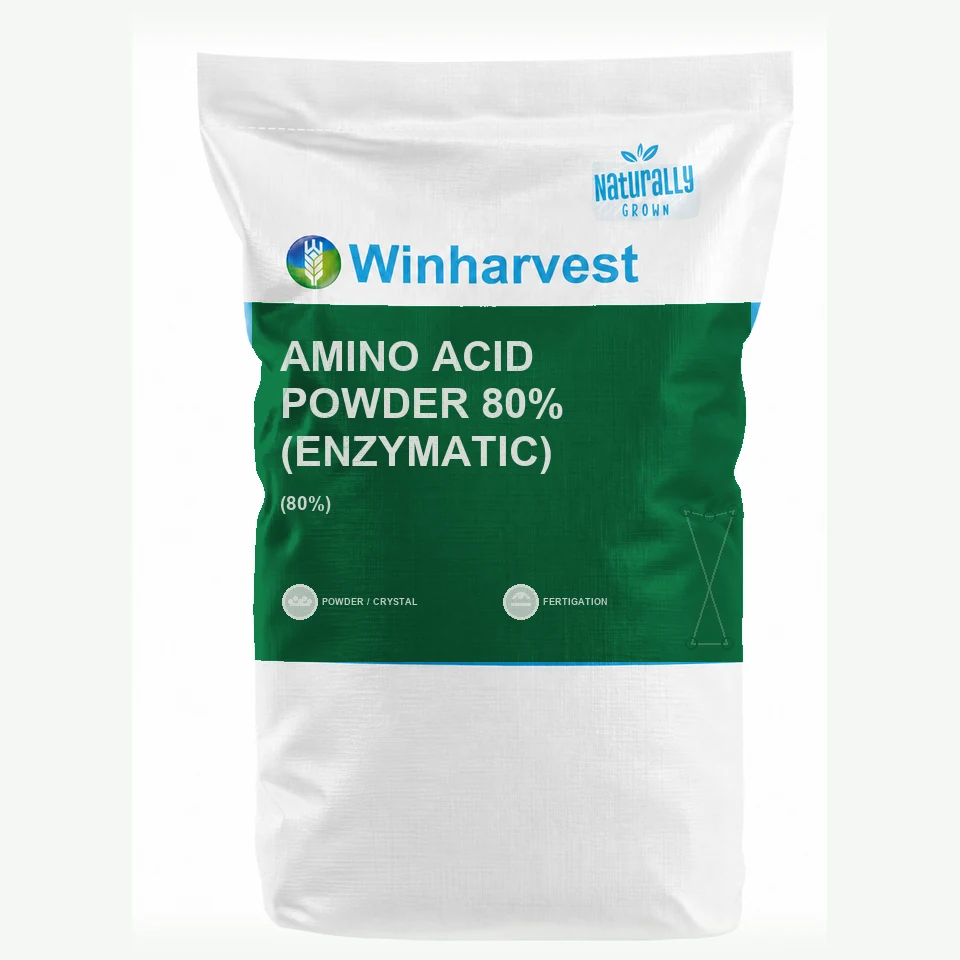 WinHarvest small-pack sack representative packaging for Amino Acid Powder 80% (Enzymatic), printed with its controlled category theme, dynamic product icons, analysis and formula information; not an approved product-specific packaging photograph