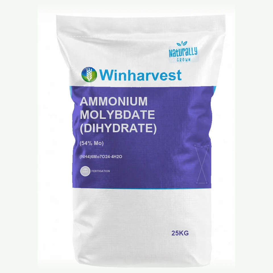 WinHarvest small-pack sack representative packaging for Ammonium Molybdate (Dihydrate), printed with its controlled category theme, dynamic product icons, analysis and formula information; not an approved product-specific packaging photograph