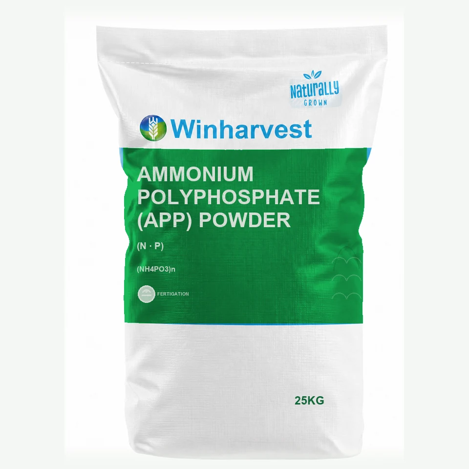 WinHarvest small-pack sack representative packaging for Ammonium Polyphosphate (APP) Powder, printed with its controlled category theme, dynamic product icons, analysis and formula information; not an approved product-specific packaging photograph