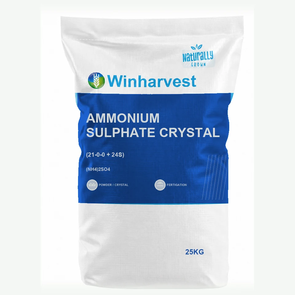 WinHarvest small-pack sack representative packaging for Ammonium Sulphate Crystal, printed with its controlled category theme, dynamic product icons, analysis and formula information; not an approved product-specific packaging photograph